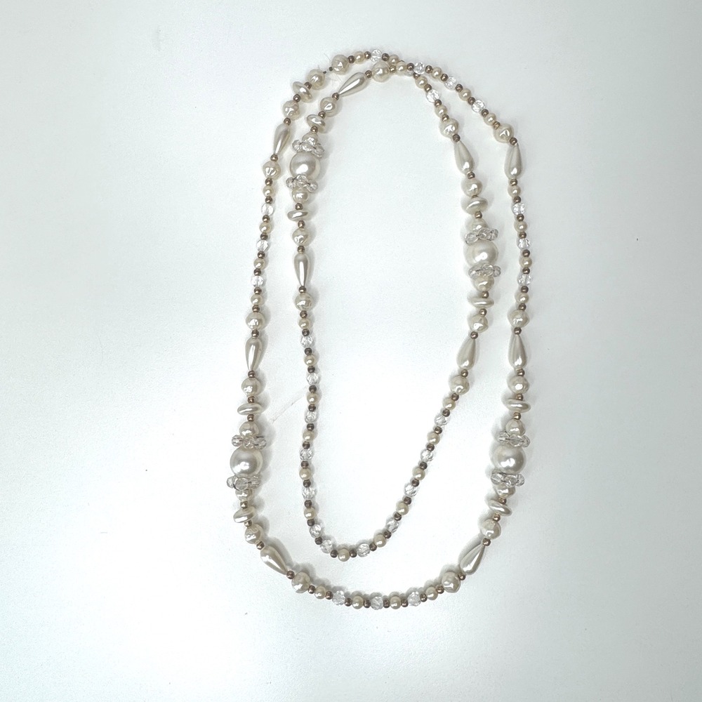 Vintage Faux Pearl Long Necklace Gold Colored Beads - Picture 3 of 6